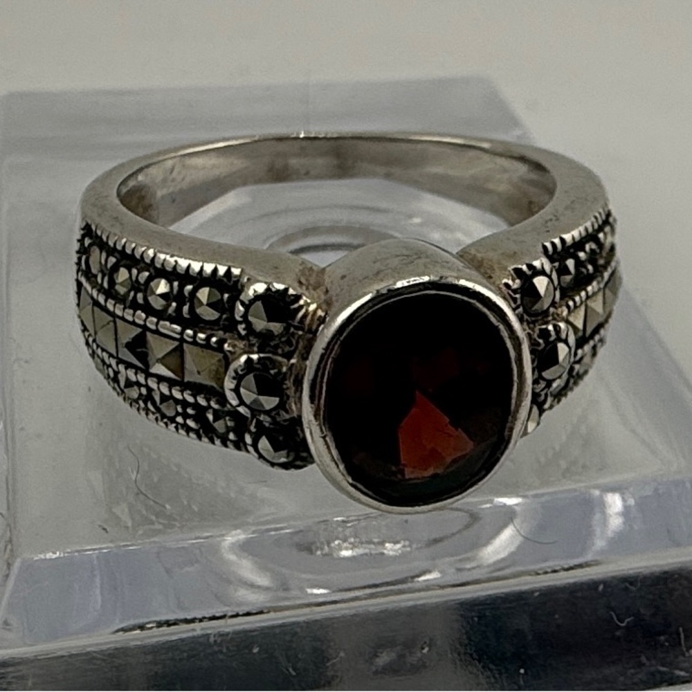 Vintage Deep Red Tourmaline and Marcasite Sterling Silver Ring Size 6